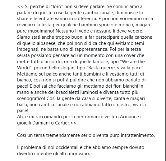 Moonlightshad1's tweet photo. "Ah, e mi raccomando per la performance vestito Armani e i gioielli Damiani o Cartier.
Così un tema tremendamente serio diventa puro intrattenimento.
Il problema di noi occidentali è che abbiamo sempre dovuto divertirci mentre gli altri morivano".
#peacewashing https://t.co/jfw0wNUgmF