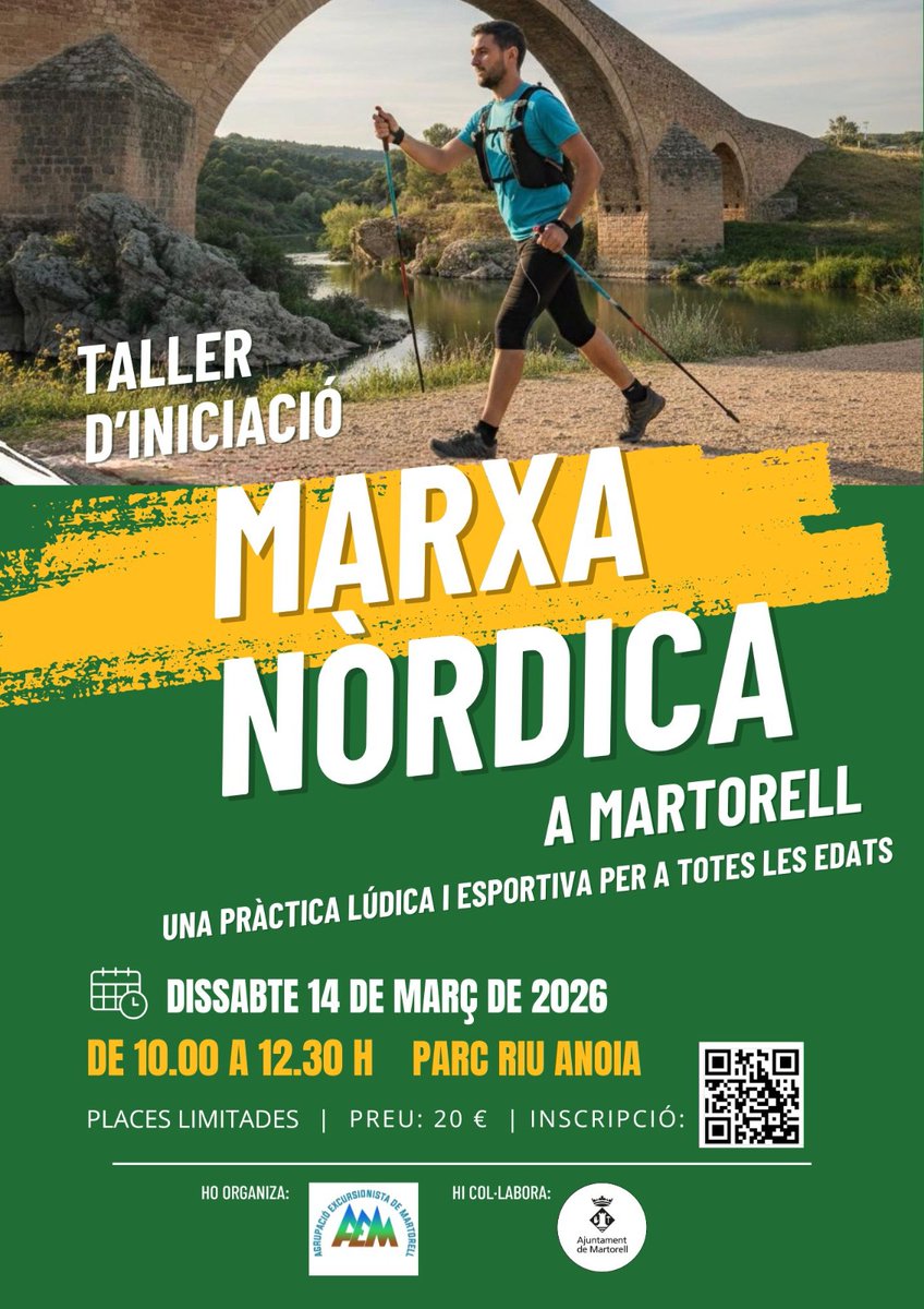 AEMartorell's tweet photo. 🥾 Nou taller d’iniciació a la Marxa nòrdica de l'AEM

📅 dissabte 14 de març

🕐 de 10.00 a 12.30h

📍Parc del riu Anoia. 

🪙20 euros. Places limitades.

📝 Inscripció: https://t.co/asHTpE0QZu https://t.co/L5deLteQbe