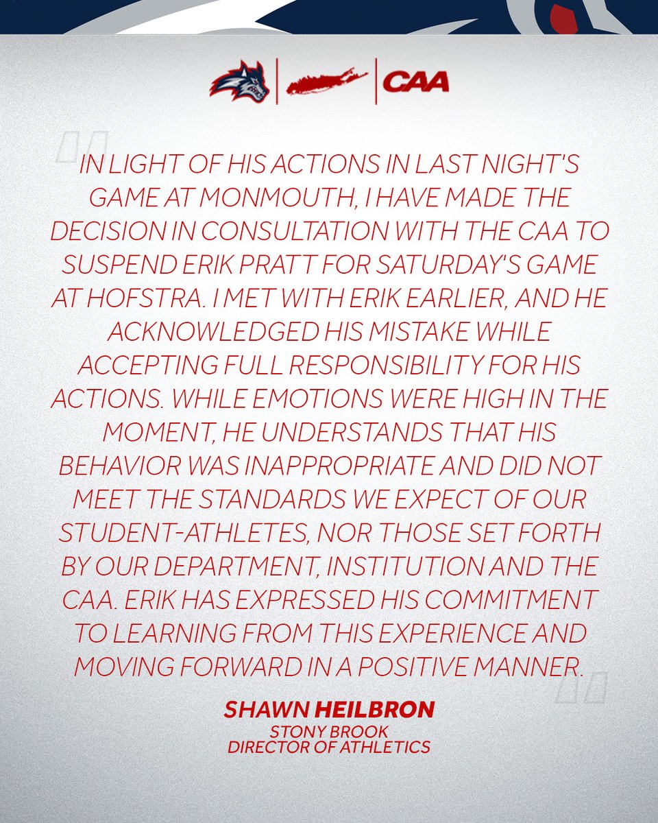 StonyBrookMBB's tweet photo. A statement from Director of Athletics Shawn Heilbron following last night’s incident at Monmouth. https://t.co/6INB5qATbQ