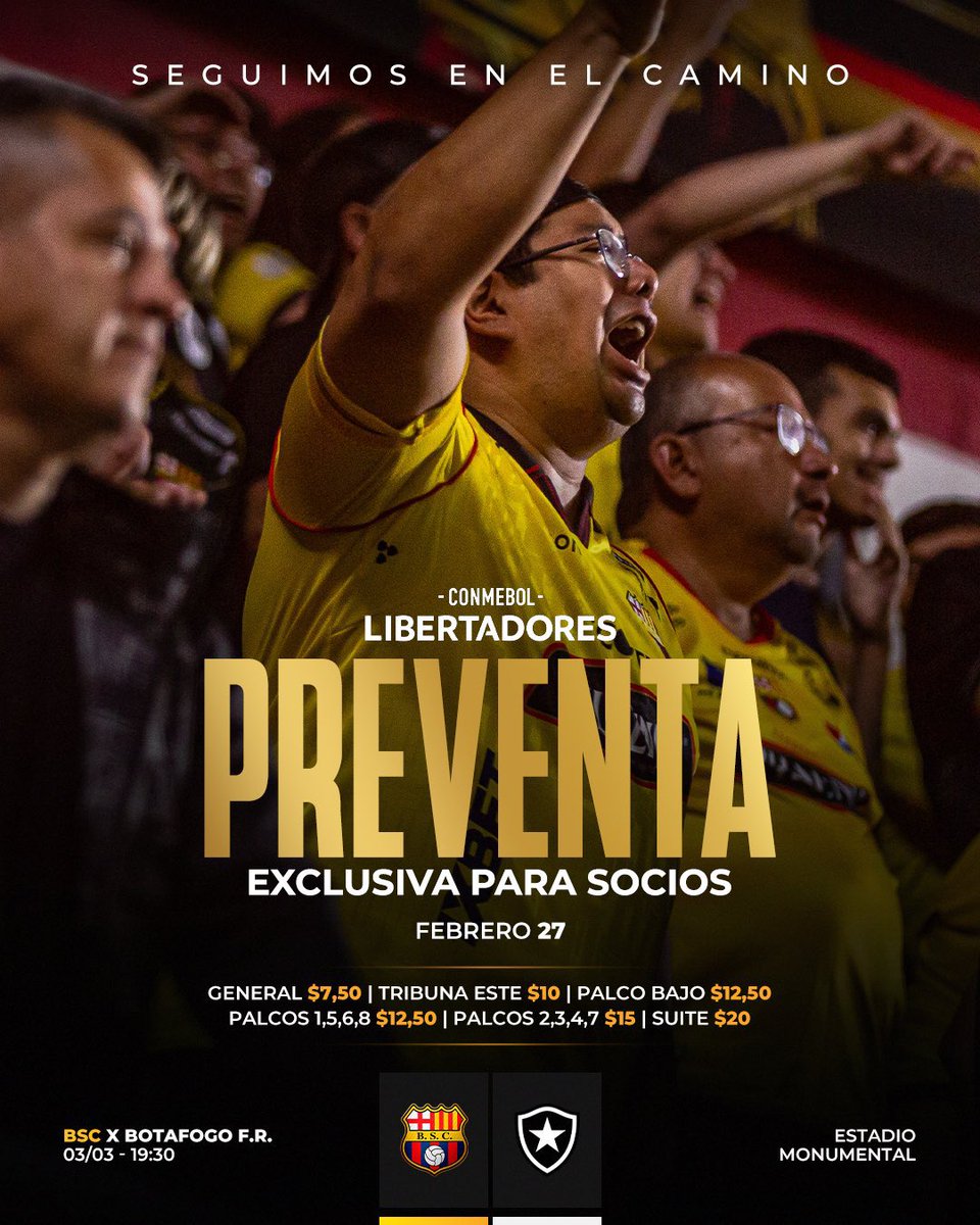 mariomendozam3's tweet photo. PARA LLENAR EL MONUMENTAL🟡⚫️

@BarcelonaSC 🆚 @Botafogo 

Inicia la preventa exclusiva para @sociosbsc 

General $7,50
Tribuna $10
Palco bajo y lateral $12,50
Palco central $15
Suite $20

Lo que quiere decir que para el hincha será 

General $15
Tribuna $20
Palco bajo y lateral $25
Palco central $30
Suite $40