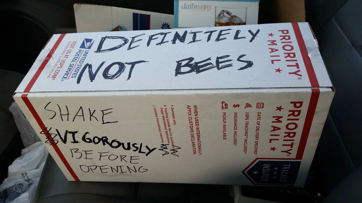 phan_versace's tweet photo. Maybe, bees #enveloped in a package. Package says do not shake. Bet there's no bees. #15WordPoet https://t.co/l8nINyuAU3