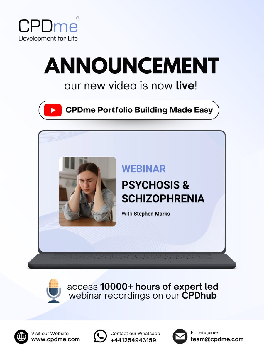 cpdme's tweet photo. 🔔 New webinar video is now live on YouTube!

Psychosis &amp; Schizophrenia
Presented by Stephen Marks

👉 Video Link:
https://t.co/F1GFAGqczJ

Get 14-day FREE trial now!
🎥 Access 10,000+ hours expert-led webinar recordings on our CPDhub

#CPD #CPDme #CPDhub #Webinar #RecordingCPD https://t.co/1SHDTHyn4d