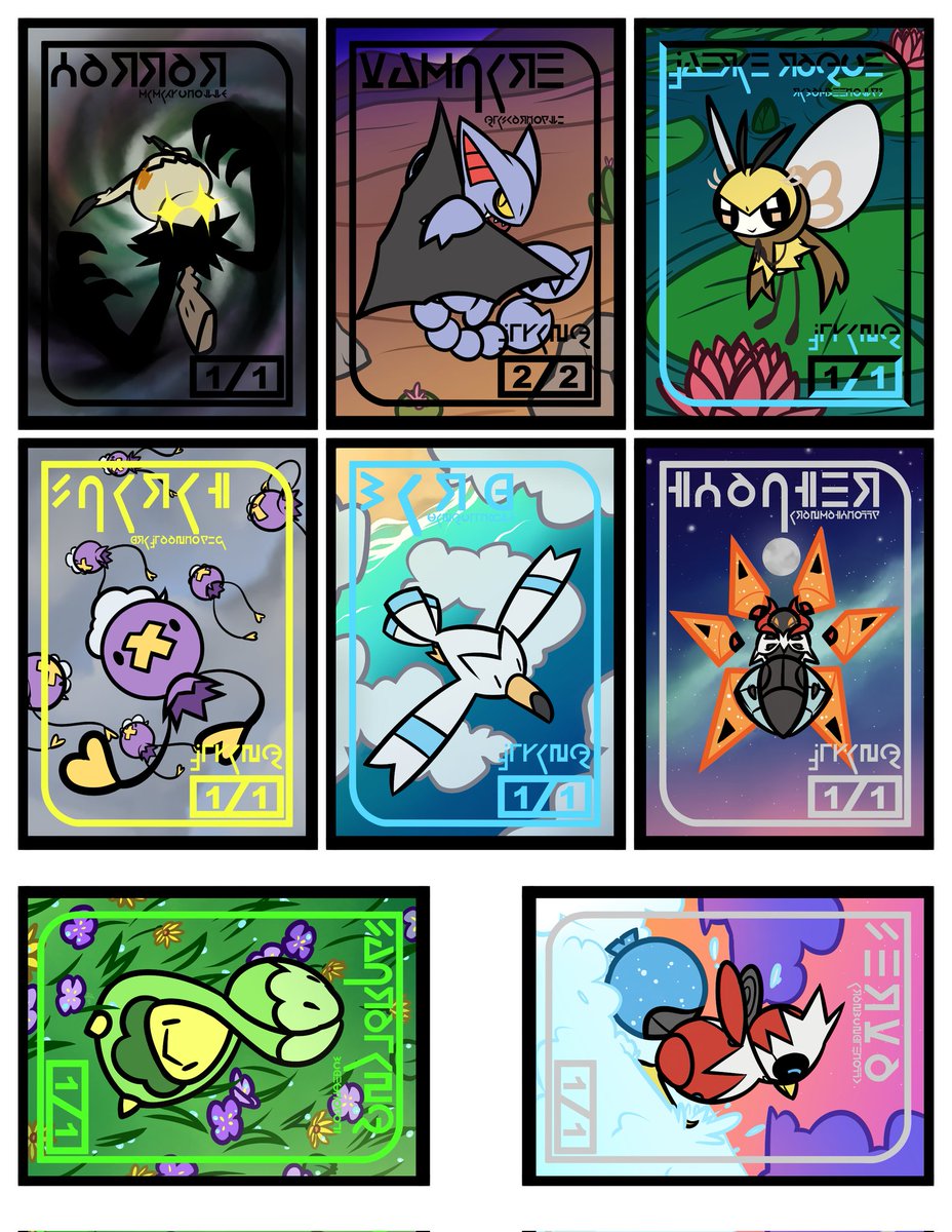 Ech0_tlm's tweet photo. While on my hiatus, my brother and I got more into Magic the Gathering. We had an idea to make Pokémon-themed tokens for us and our friends, using Pokémon we like. I plan to revisit and touch these up at a later date. https://t.co/pO9UGKQN8E
