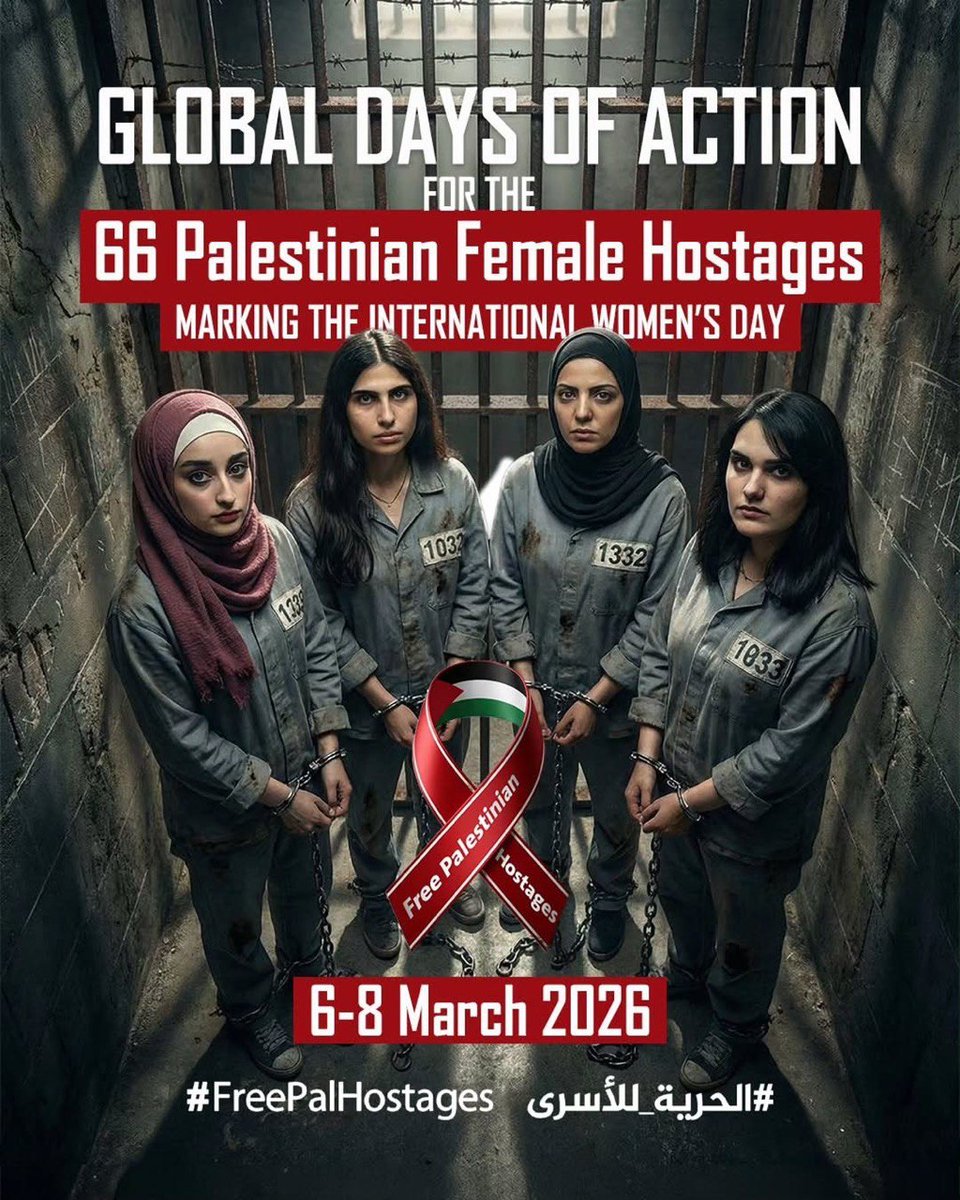fatma_q4's tweet photo. On International Women’s Day, the Red Ribbons Campaign calls for Global Days of Action (6–8 March 2026) worldwide , marches and demonstrations demanding the release of 66 detained Palestinian women.
Their voices must be heard. 
Freedom cannot wait. https://t.co/egdJGoVH0S