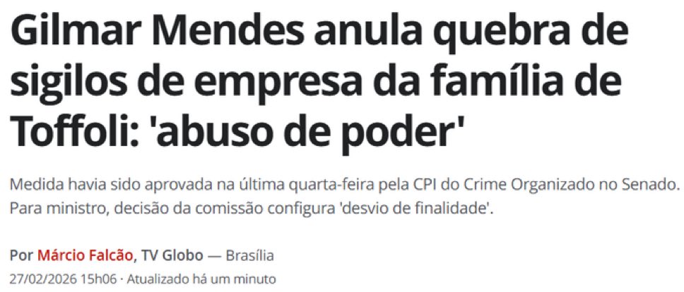 Parte do STF não aceita sequer um código de ética, quanto mais que um deles seja investigado por suspeitas concretas de ilícito. É uma interferência indevida nas ações da CPI do crime organizado. Blindagem todo mundo sabe que se escreve com G.