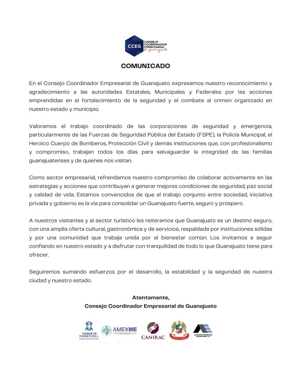 En el Consejo Coordinador Empresarial de Guanajuato, reconocemos la importancia de sumar esfuerzos para garantizar la paz y el bienestar de nuestra comunidad.

Hoy queremos destacar el trabajo coordinado de las autoridades y cuerpos de seguridad que protegen a nuestras familias.