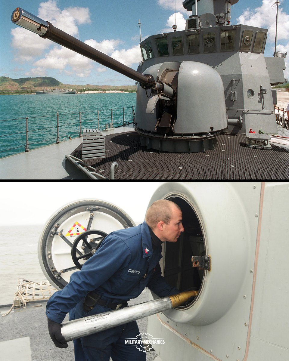 MilitaryMechs's tweet photo. The OTO Melara 76 mm is a lightweight naval gun used worldwide. Its rapid fire and varied rounds support anti-surface and anti-air roles. The sharp muzzle flash and fast bursts make it instantly recognizable at sea.
#OTOMelara76 #NavalGun #MilitaryMechanics https://t.co/sYPDSoY56l
