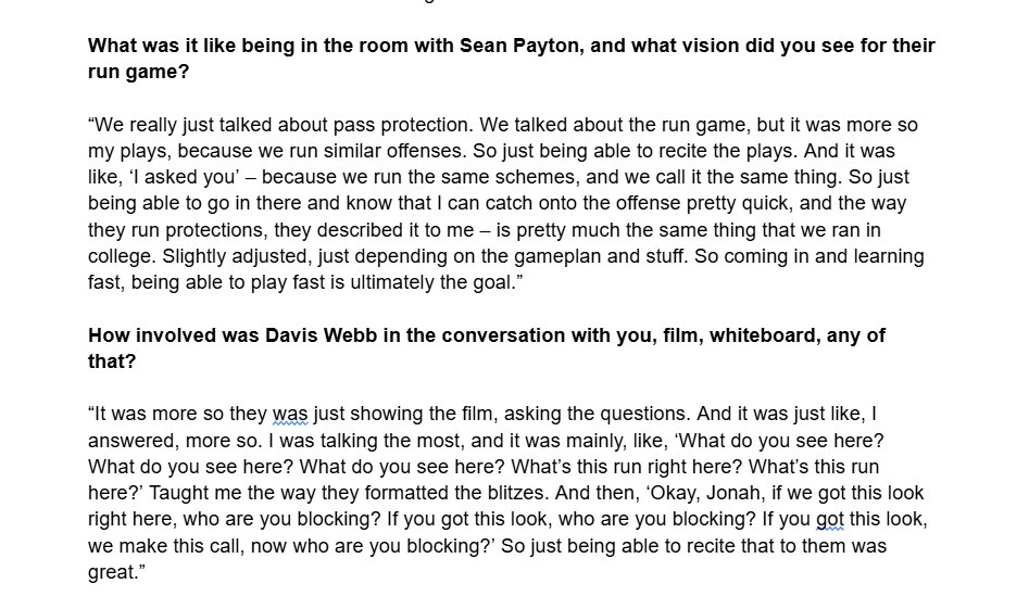 bylucaevans's tweet image. Talked to Washington RB Jonah Coleman on his formal combine meeting with #Broncos. Excellent insight.

Coleman said Denver + Washington run similar schemes. Said he could catch onto their offense quick with protections. 

"Being able to recite that to them was great."