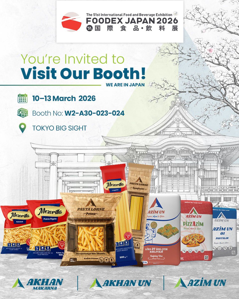 FOODEX Japan 2026’dayız! 
10–13 Mart 2026 | Tokyo Big Sight
Stant: W2–A30–023–024
Ürünlerimizi yakından incelemek için standımıza davetlisiniz.

We are at FOODEX Japan 2026! 
10–13 March 2026 | Tokyo Big Sight
Booth: W2–A30–023–024
Visit our booth.

#akhan