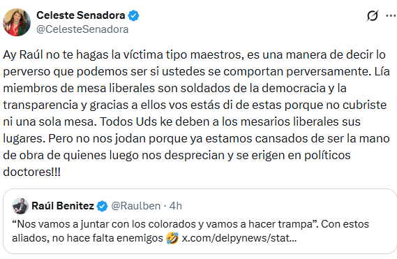 ▶️ESTÁ POTENTE EL ÚLTIMO VIERNES DE FEBRERO | ​​​🔥

Raúl Benítez criticó las declaraciones de Celeste Amarilla contra Miguel Prieto y ella le respondió con todo.🫢

"Con estos aliados, no hace falta enemigos", le dijo el diputado y ella le pidió que no se haga la víctima.💣
