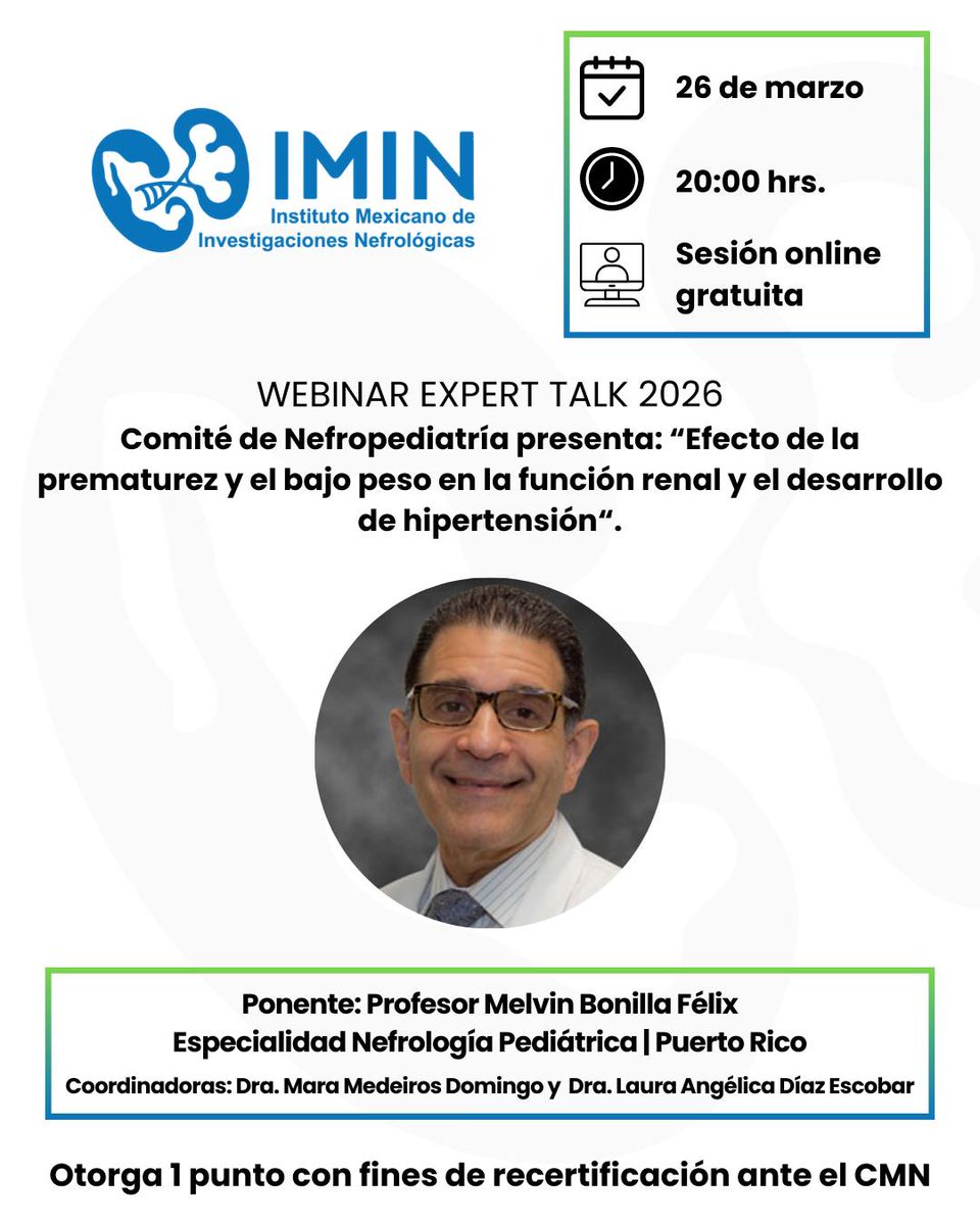 IMINmx's tweet image. ✨ Sé parte de nuestro segundo Webinar Expert Talk 2026.

📅 Jueves 26 de marzo | 20:00 hrs.
🖥️ Acceso Gratuito | Modalidad Virtual.

🔗 ¡No olvides hacer tu registro para acompañarnos! …r.virtualcongress.integrameetings.com/imin_nefrologi…

#WebinarIMIN #IMIN #SomosIMIN #ExpertTalk2026