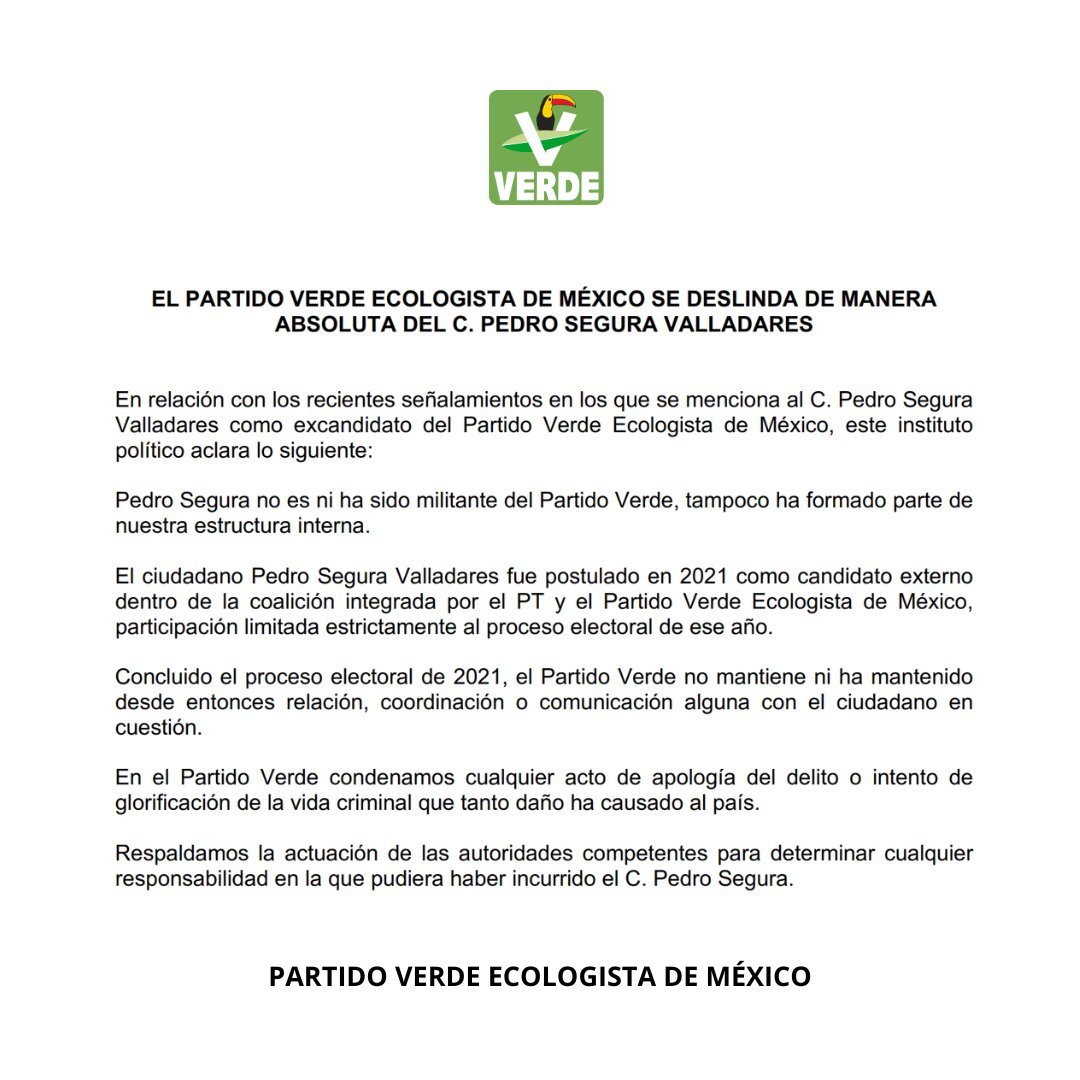 azucenau's tweet photo. 🟢Partido Verde se deslinda “de manera absoluta” de Pedro Segura

Reconoce que lo postularon en 2021 como candidato externo, junto con el PT, a la gubernatura de Guerrero, pero señala que “no es ni ha sido militante” del partido.

Esto luego de la polémica que rodea a Pedro Segura tras pedir y cantar una canción dedicada a "El Mencho"; además de amenazar al periodista Carlos Loret de Mola.