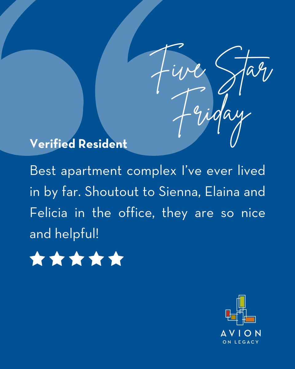 AvionOnLeg's tweet photo. ⭐ Five Star Friday love goes out to our amazing residents at Avion on Legacy Apartments. We appreciate you. 💕
#ApartmentLiving #communitylove #LuxuryLiving #SPGCommunity
https://t.co/omGFv7Rcyj https://t.co/CfPI3rgNXs