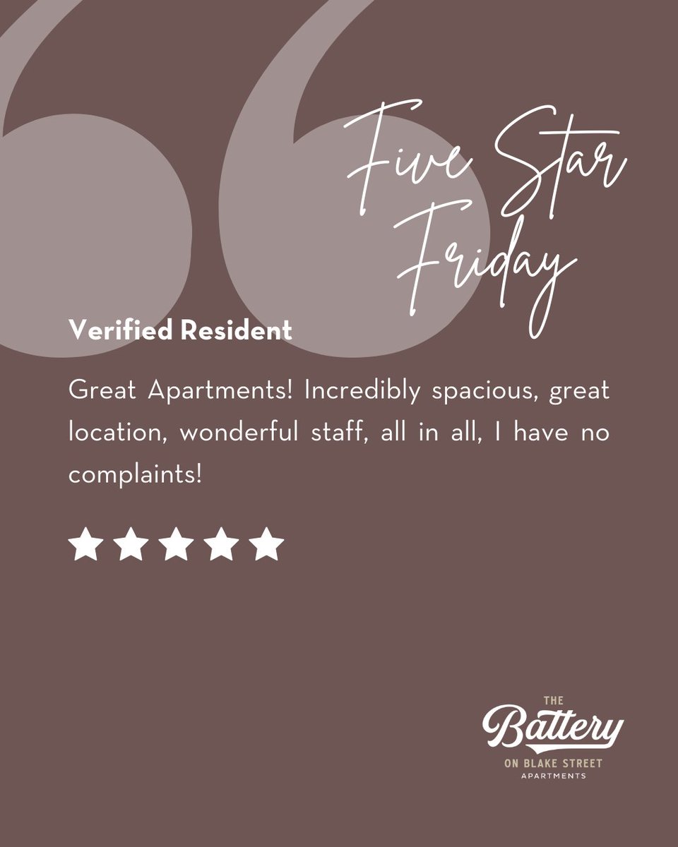 BatteryOnBlake's tweet photo. ⭐ Five Star Friday love goes out to our amazing residents at The Battery on Blake Street. We appreciate you. 💕
#ApartmentLiving #communitylove #LuxuryLiving #SPGCommunity
https://t.co/xNsM6VBN2a https://t.co/SQyIPvnMVP