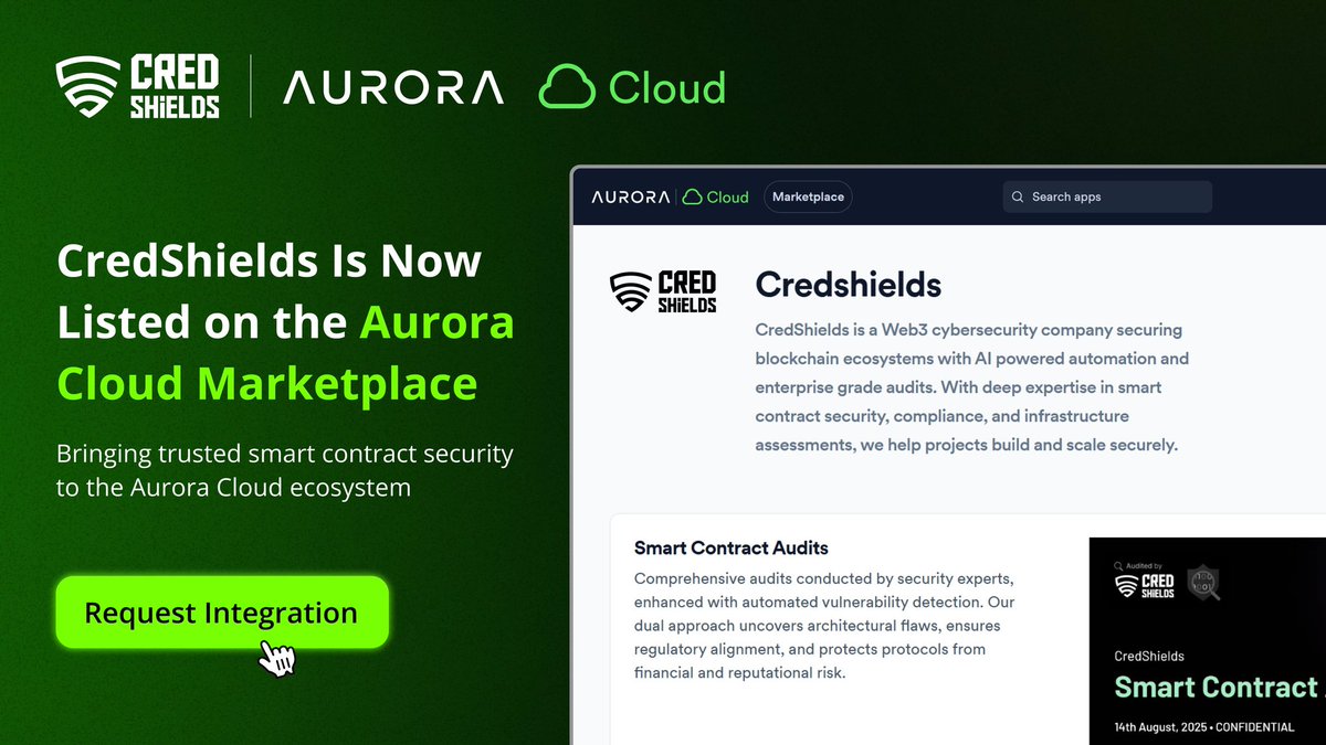 Altverse001's tweet photo. I'm genuinely excited to see @CredShields now listed in the Security category on @auroraisnear Cloud Marketplace.
Teams building dedicated EVM environments and virtual chains on Aurora Cloud can now rely on #CredShields for continuous smart contract security from day one. https://t.co/ITPpDcCD6r