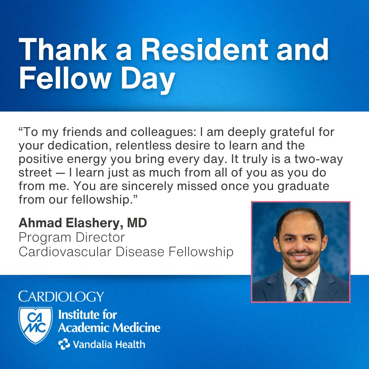 CAMCCardiacIAM's tweet photo. The CAMC Institute for Academic Medicine's Cardiology department is proud to celebrate Thank a Resident and Fellow Day. https://t.co/SN5DShSGrG