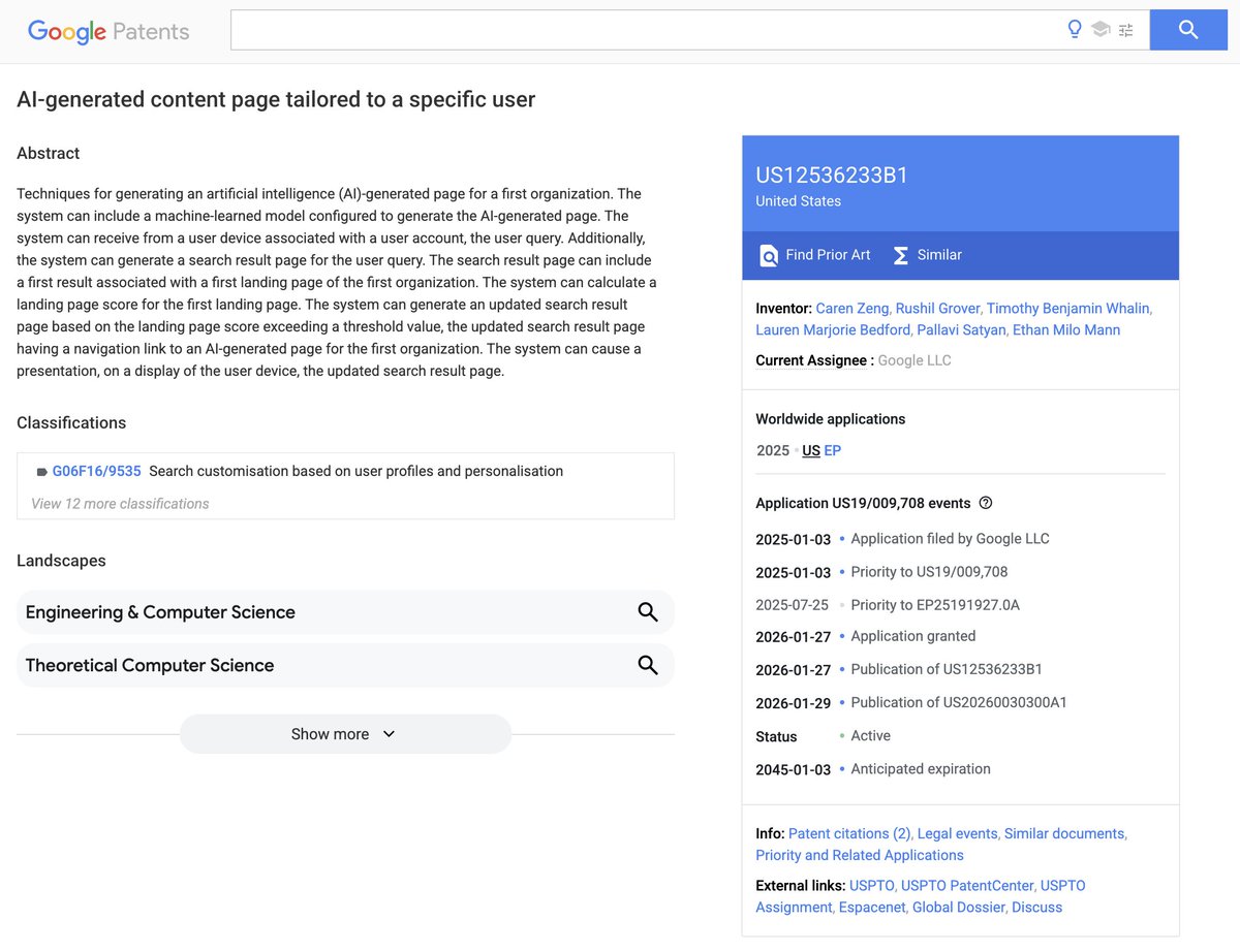rustybrick's tweet photo. ICYMI: A wild Google patent describes Google building custom AI-generated landing pages for when people click on search results, instead of going to your website https://t.co/Ak3ULvUdnv https://t.co/qa5zrImz0Z