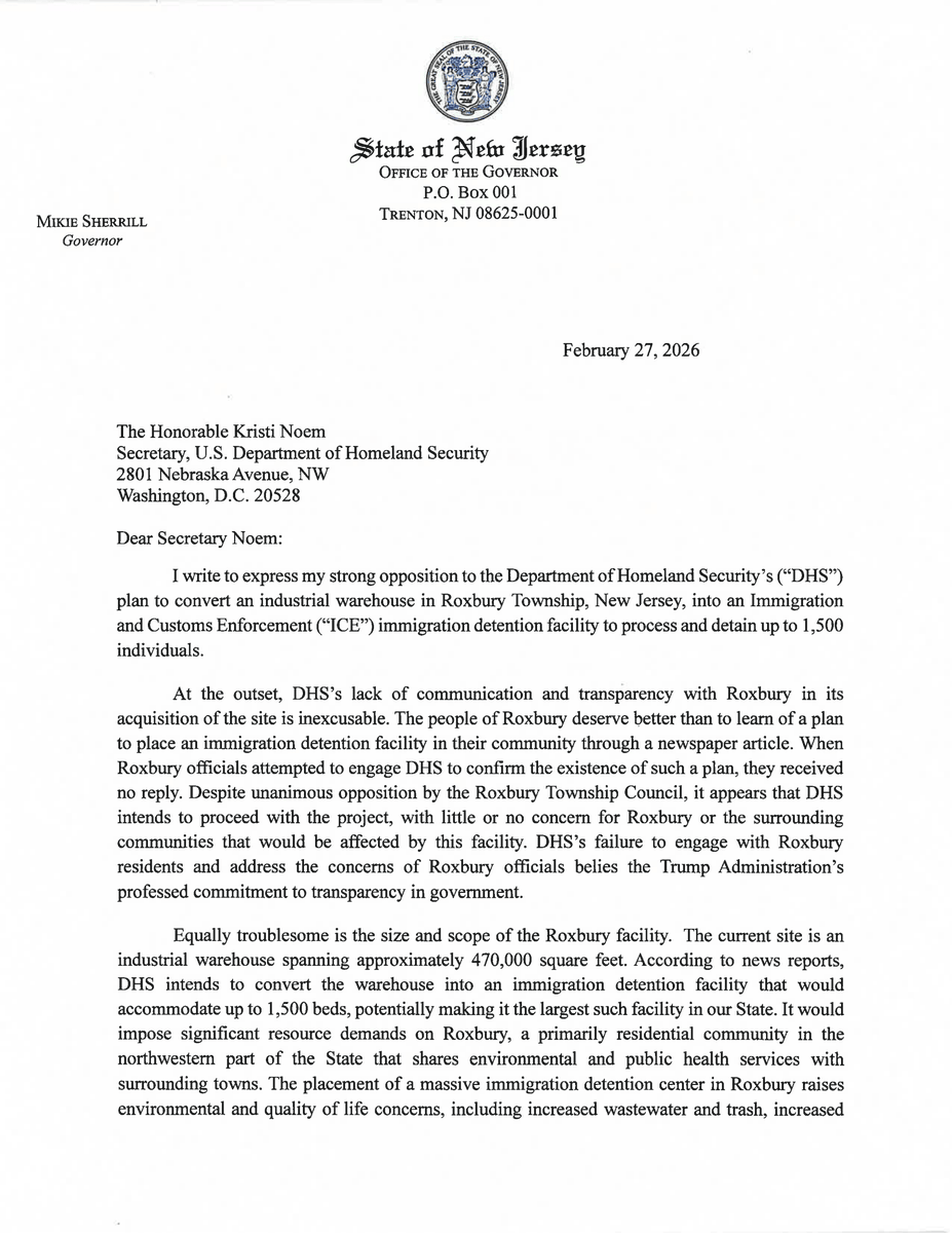 GovSherrillNJ's tweet image. Today, I voiced my opposition directly to @Sec_Noem regarding DHS’s plan for an ICE facility in Roxbury.

The lack of transparency, projected strain on our community, and inhumane conditions in these detention facilities are unacceptable. 

We will use every tool at our disposal
