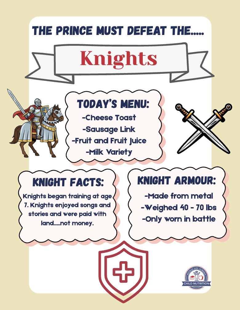 Tomorrow, Tuesday, March 3, the Prince faces the Knights! ⚔️ Fuel up with Cheese Toast, Sausage Link, fruit, juice and milk for another day of breakfast adventure! 🏰 #NSBW26

#lovedothan #dothancityproud #lovedothancityschools #DothanAL #DothanAlabama #DothanCity #ALschools