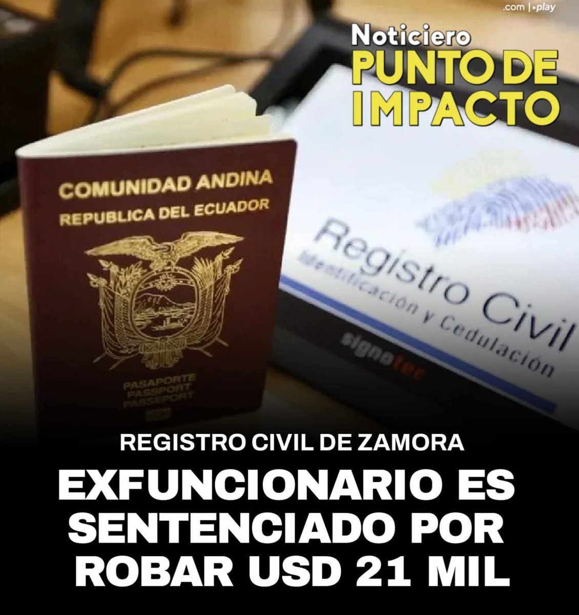 Un exfuncionario del Registro Civil, fue sentenciado a 10 años de prisión por el delito de peculado, tras apropiarse de más de USD 21 mil que recaudó por la emisión de pasaportes entre febrero de 2018 y febrero de 2019 en la oficina de Zamora, Zamora Chinchipe....