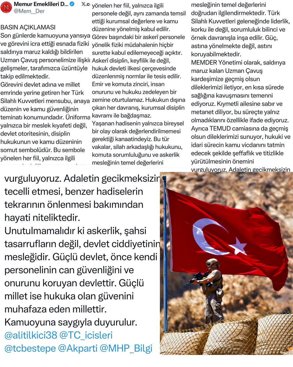 Memur Emeklileri Derneği ( <a href="/Mem__Der/">Memur Emeklileri Dernegi</a> )in Tekirdağdaki #UzmanÇavuş’u Darp olayından dolayı yapmış oldukları Basın açıklaması ve desteklerinden dolayı Kahraman Camiamız adına teşekkür ederim.

Gösterilen bu dayanışma, sadece meslektaşlarımız için değil, kamu vicdanı adına da