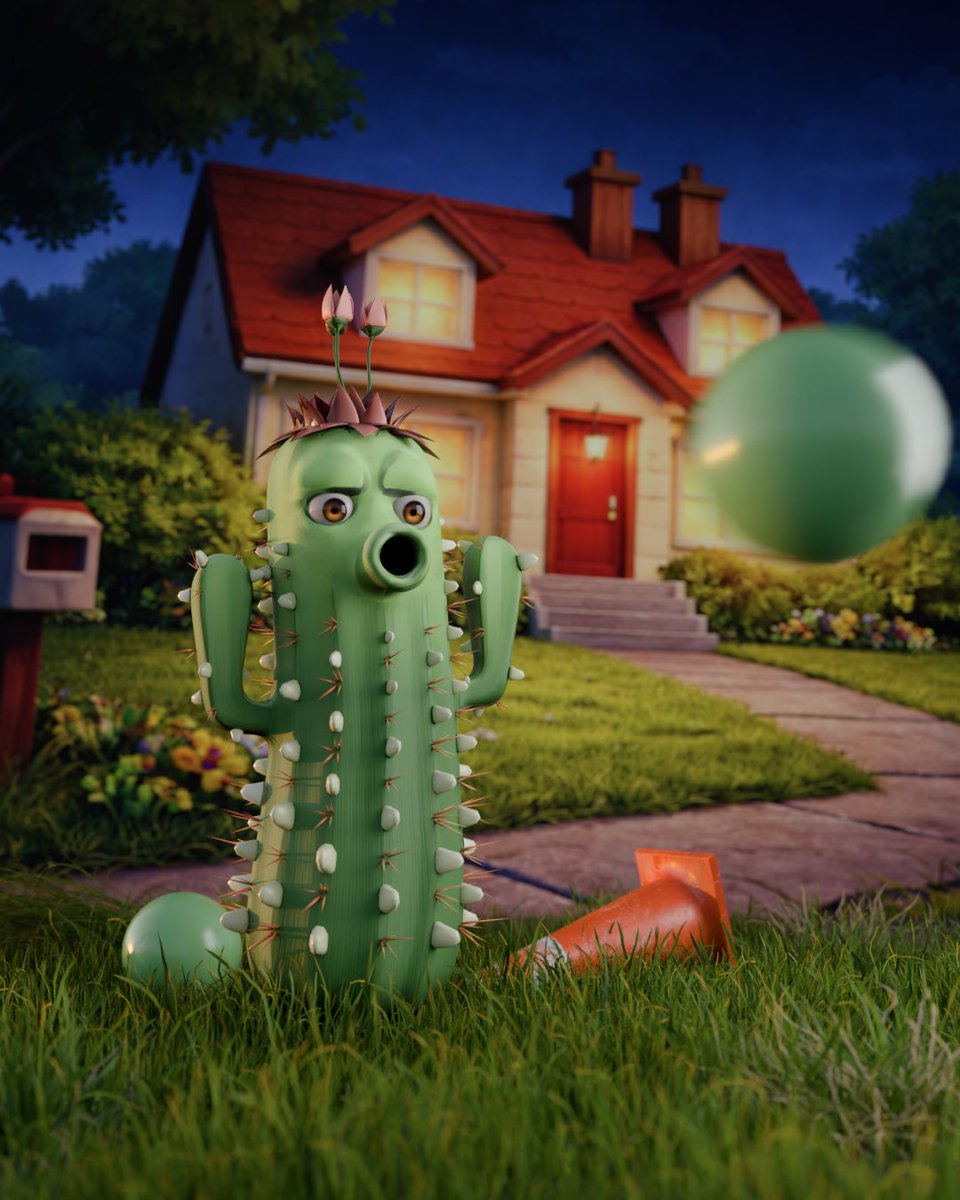 M3DS_Academy's tweet photo. “Spike Shooter” 📷 is also known as The Cactus, a stylized character created by Zvezdan Joncevski.  Built in Autodesk Maya, sculpted in ZBrush, textured in Substance 3D Painter, and rendered in Marmoset Toolbag.  A fun, expressive character full of personality, from the playful proportions to the detailed spikes and vibrant garden setting. Strong shapes, clear silhouette, and storytelling through environment make this piece stand out.  Full project: https://t.co/G2AYbQiaBX #3DArt #CharacterArt #StylizedCharacter #Maya #ZBrush #SubstancePainter #MarmosetToolbag #GameArt #DigitalSculpt #CGArt