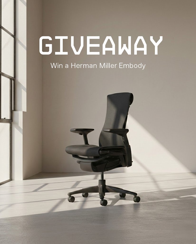 Herman Miller Embody Giveaway 🏆

Need a new chair for the setup? We’re giving away a Herman Miller Embody to one lucky winner! 

Steps to enter:
- Follow @WALLHACKHQ
- Like + RT post
- Tag one friend

International Giveaway
Ends March 9th

※ You can also participate via