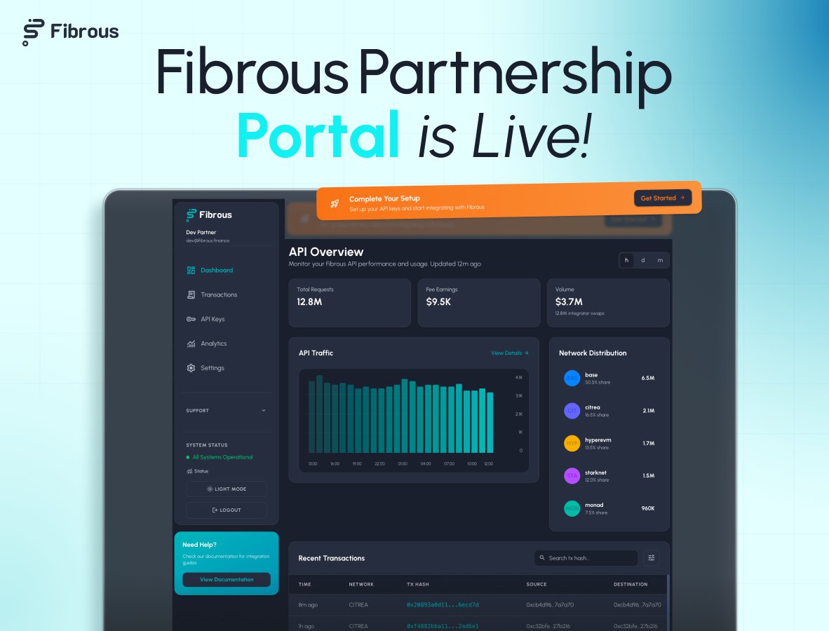 For whatever you build. Set your own rules.

Meet the Fibrous Partner Portal. Route the best trades and monetize your way.

→ Generate indirect API keys
→ Set custom fees or share trade surplus
→ Track live analytics

100% zero-fee integration. See how ↓