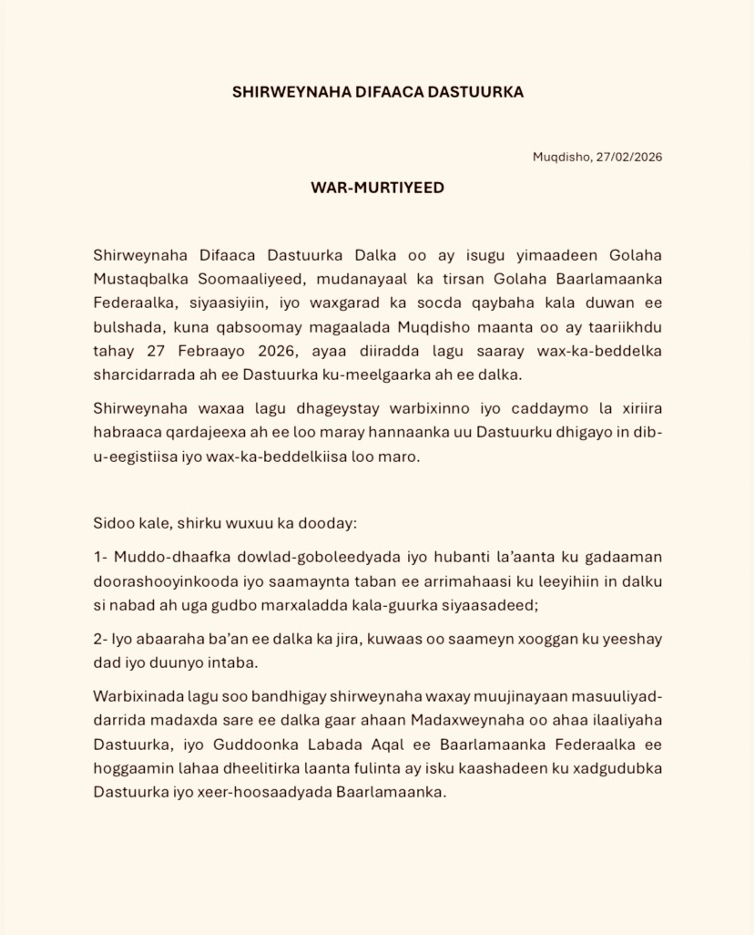 ArlaadiMnetwork's tweet photo. ⚡️BREAKING: #Somalia’s future council has on Friday announced it will convene a major meeting on April 10 to “safeguard statehood,” after accusing President @HassanSMohamud's admin of pushing through what it described as "unconstitutional amendments to the 2012 Provisional Constitution in violation of Article 134 and without meaningful consultation with federal member states or the public".

In a communique issued following a conference in #Mogadishu titled the “National Conference to Defend the Constitution,” the opposition group alleged that more than 50 lawmakers were barred from parliamentary sessions over their opposition to the review process, and warned that delayed regional elections and a worsening drought "are deepening political uncertainty in the country".