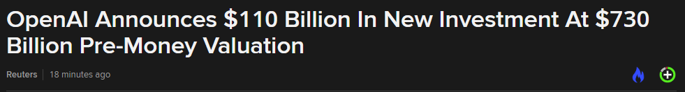 ABaradez's tweet photo. 🔥L'orgie continue    #OpenAI

🔹30 milliards$ de Nvidia 
🔹30 milliards$ de SoftBank
🔹50 milliards$ de Amazon https://t.co/0mRBz7NiHS