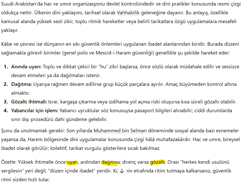 hhorozoglu's tweet photo. Tarikat mensupları Kabe'de hu çekmeye kalkışırsa, Vehhabi Sudi polisi buna nasıl karşılık verir diye Chat GPT'ye sordum.   Yanıttan anlaşılıyor ki atar yaparken muhatabı cehape ile sınırlı tutmak en güvenlisi.  :) https://t.co/3iSyyiWE77