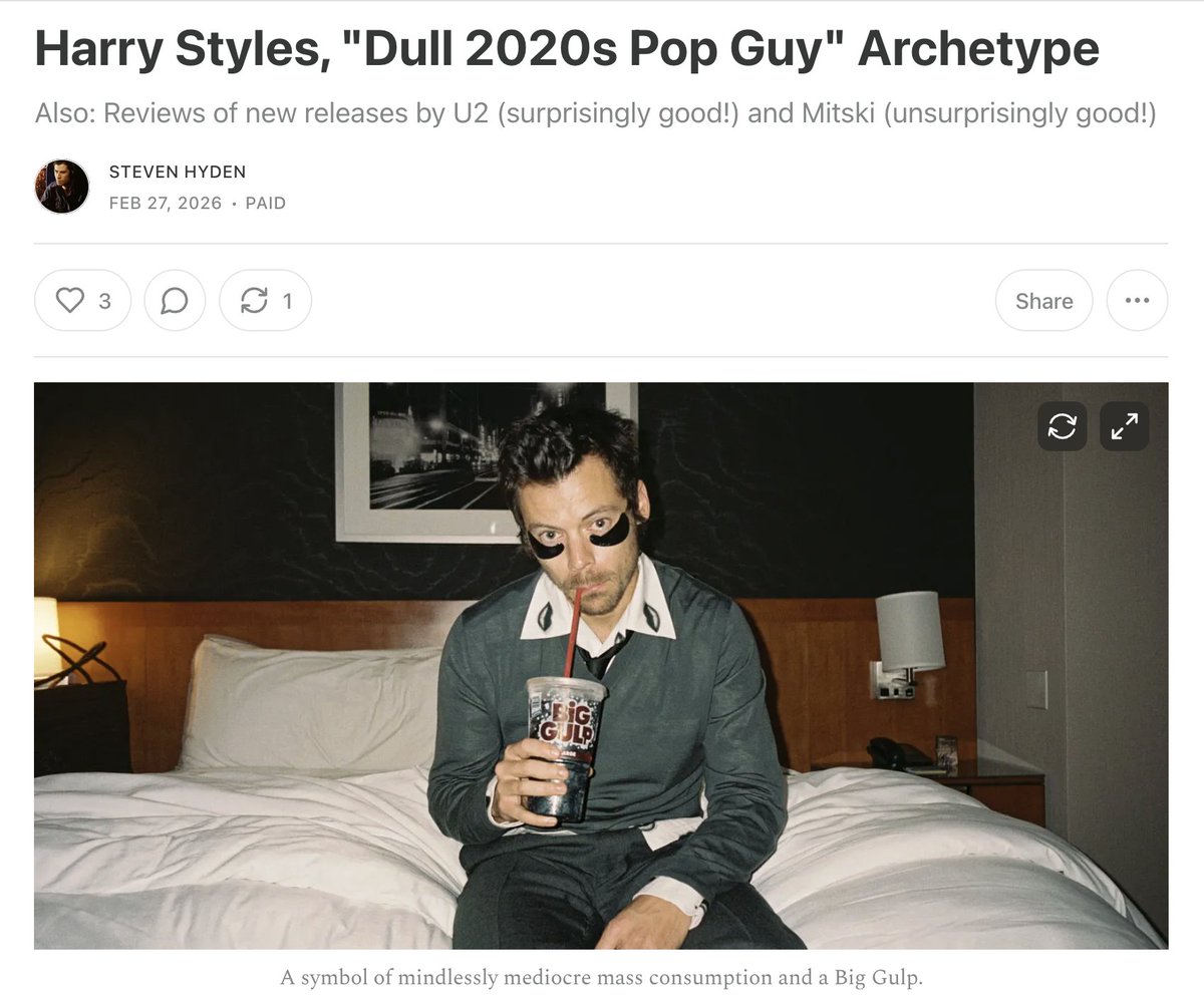 I wrote about Harry Styles and the crew of  interchangeable and painfully boring 2020s pop hunks he's inspired, from Benson Boone to Role Model to Sombr to Yungblud to Alex Warren.
tinyurl.com/ptbce6ry