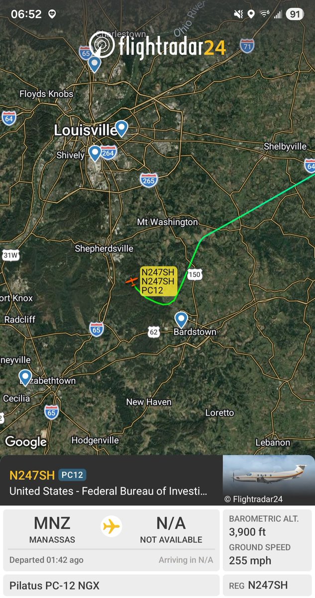 FBI N247SH is also landing at Louisville, likely related to the