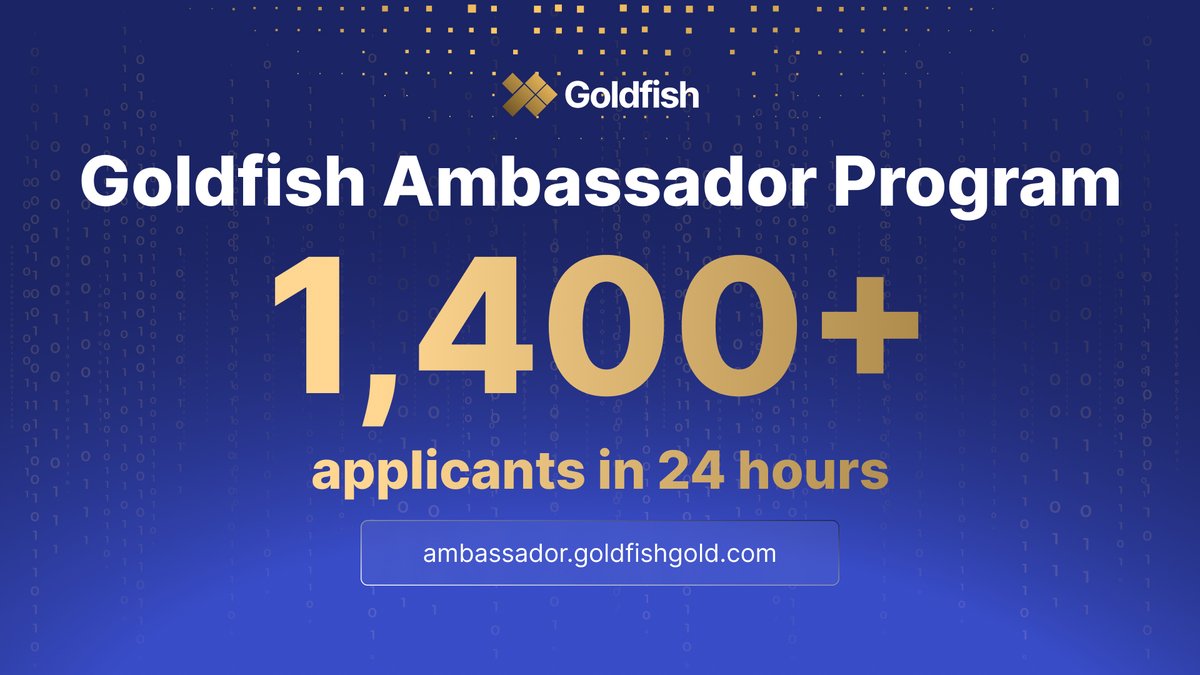 Over 1,400 applications received.

Only 30 will be ambassadors in the first wave, sharing the $5,000 in monthly rewards.

Selection soon. » ambassador.goldfishgold.com/apply