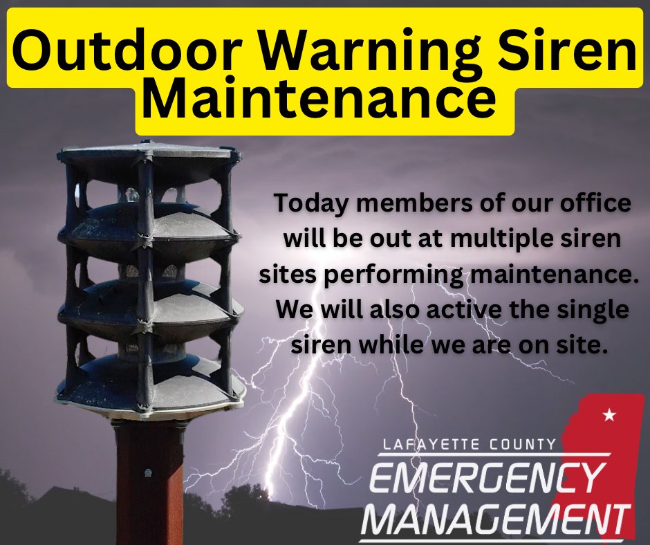 🚨 Outdoor Warning Siren Maintenance 🚨

We will be performing maintenance on the outdoor warning system today. You may hear brief, individual siren tests at various locations throughout the day. No action needed as these are short test activations only. <a href="/NWSMemphis/">NWS Memphis</a>