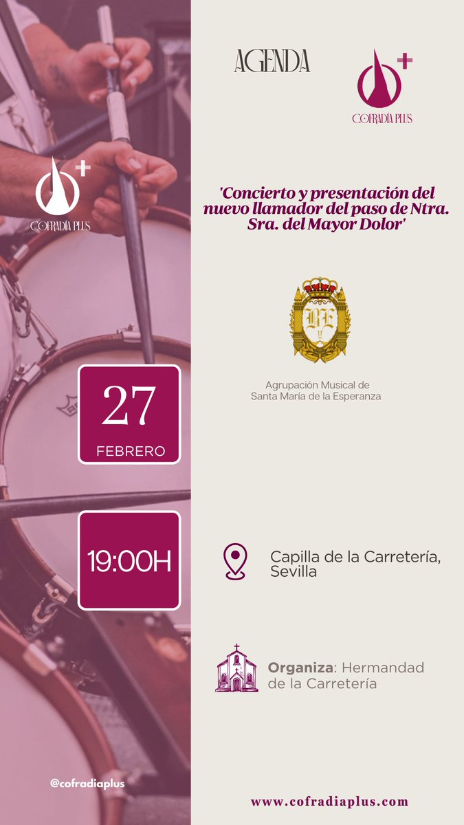 🟣 #AGENDA | #Sevilla

• Concierto de la <a href="/laesperanza_sev/">Santa María de la Esperanza</a> 

⌚ 19:00h

📍 Capilla de la Carretería

👉🏻 <a href="/HdadCarreteria/">Hermandad Carretería</a> 

📲 #CofradíaPlus #TDSCofrade #CuaresmaSevilla26