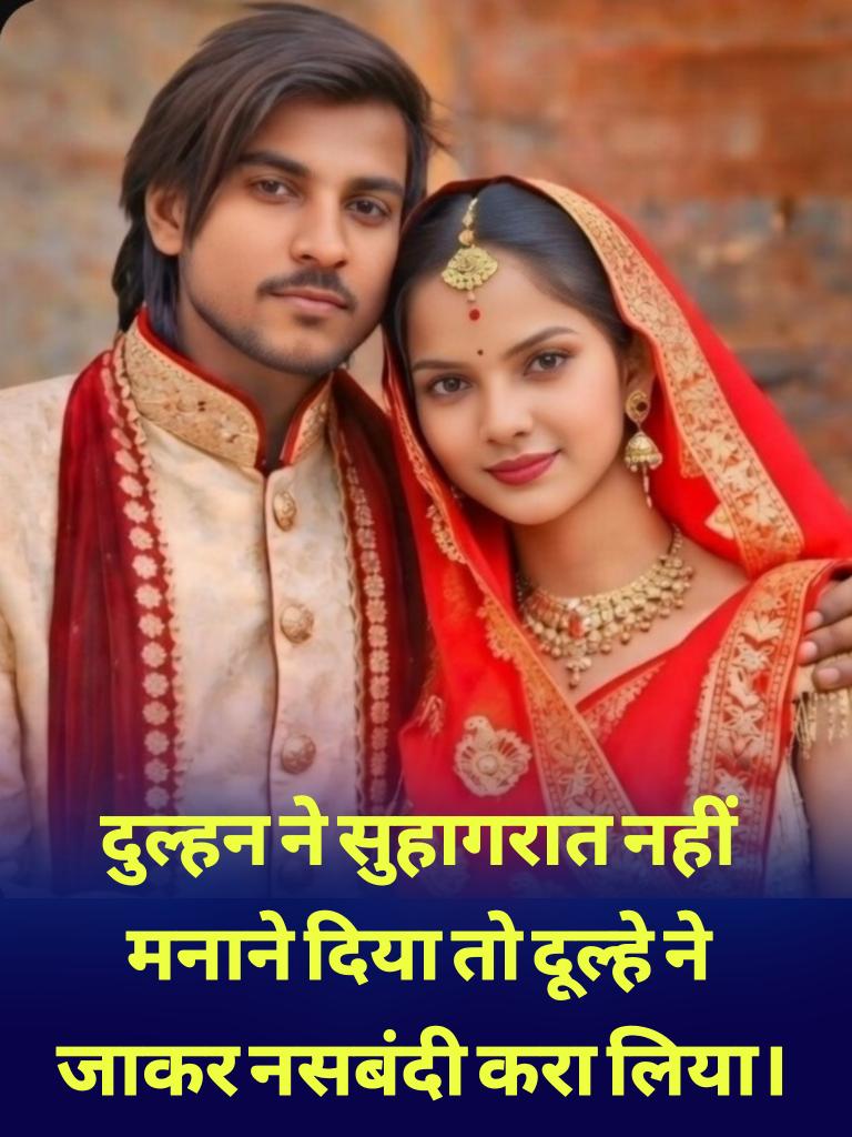 दुल्हन ने सुहागरात नहीं मनाने दिया तो दूल्हे ने जाकर नसबंदी करा लिया।
लड़का और लड़की दोनों के घर वाले के सहमति से–Arrange Marriage होती है।
दुल्हन अपनी ससुराल आती है:
 दुल्हा रात को सुहागरात मनाने कमरे में जाता है
दुल्हन माना कर दिया:" आज नहीं, मन नहीं है!
दूल्हे ने... see more