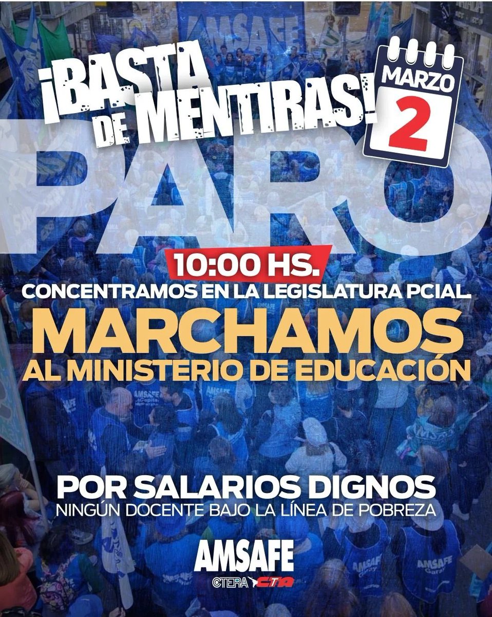 ¡EL LUNES LAS CLASES COMIENZAN EN LA CALLE!

Como definió la Asamblea Provincial de AMSAFE por más de 20.000 votos este 2/03 paro y movilización.

CONCENTRAMOS: 10:00 HS LEGISLATURA.

MARCHAMOS AL MINISTERIO DE EDUCACIÓN.

POR SALARIOS DIGNOS, NINGÚN DOCENTE BAJO LÍNEA DE POBREZA