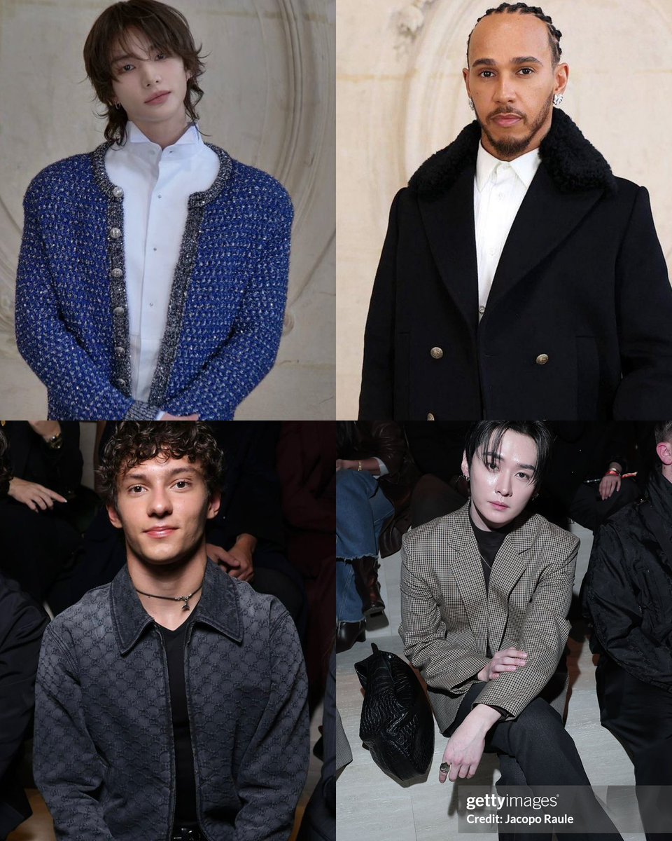 the concept of the constant skz x f1 drivers crossovers like what do you mean hyunjin &amp; lewis hamilton were at the same dior show and now kim antonelli and lee know are at the same gucci show like HELLO