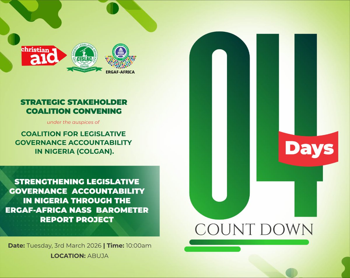 ERGAF_AFRICA's tweet photo. It’s 4 days to a major governance conversation.
Abuja is about to host an impact.
Theme: Strengthening Legislative Governance Accountability in Nigeria through the Ergaf-africa Nass Barometer Report Project 

Stay close. 
#countdown #4daystogo #nigeria #policytalk #nigeriaissues https://t.co/Ep6TqbkhKF