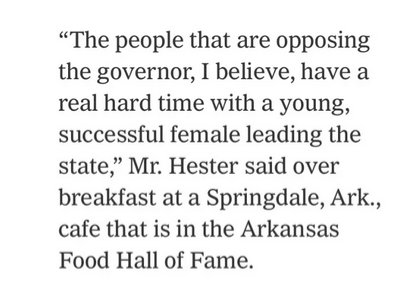 The_Shumater's tweet image. PLAYING THE GENDER CARD: Arkansas Republican Senate leader Bart Hester tells NYT that critics of Gov. Sanders are motivated by anti-female bias.
#arpx #arleg #arnews
arktimes.com/arkansas-blog/…
