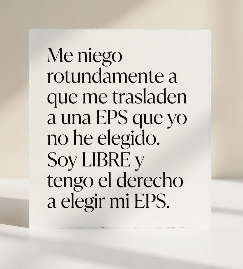¿Estas de acuerdo?

Me niego rotundamente a que me trasladen a una EPS que yo no he elegido.
Soy LIBRE y tengo el derecho a elegir mi EPS.

Estoy afiliada a EPS Sura y ahí me quiero quedar.

El gobierno no puede vulnerar nuestro derecho a la libre elección de una EPS.