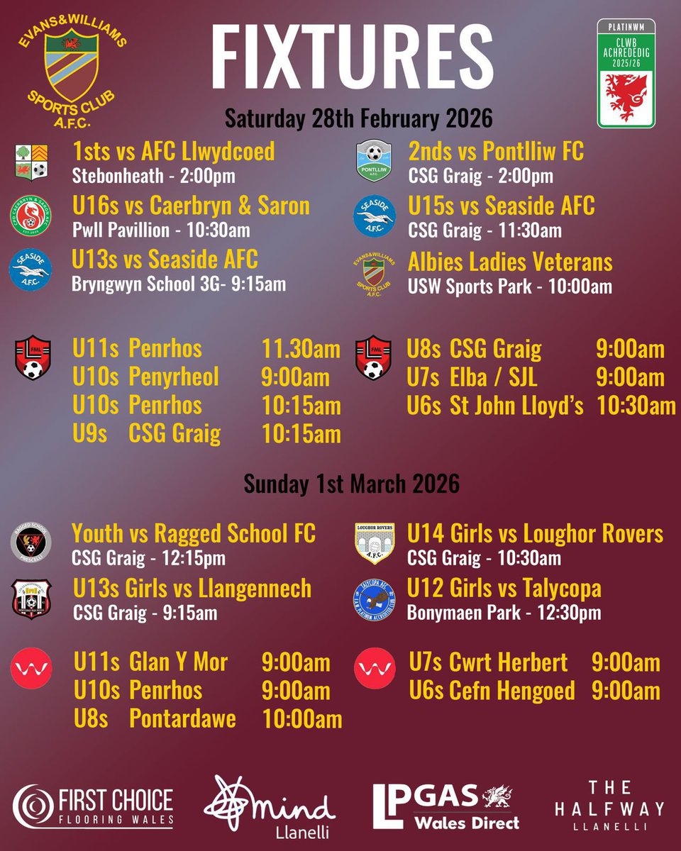 EvansWilliamsFC's tweet image. 𝙒𝙚𝙚𝙠𝙚𝙣𝙙 𝙁𝙞𝙭𝙩𝙪𝙧𝙚𝙨

This weekends fixtures.

Gemau’r penwythnos hwn.

#Albies