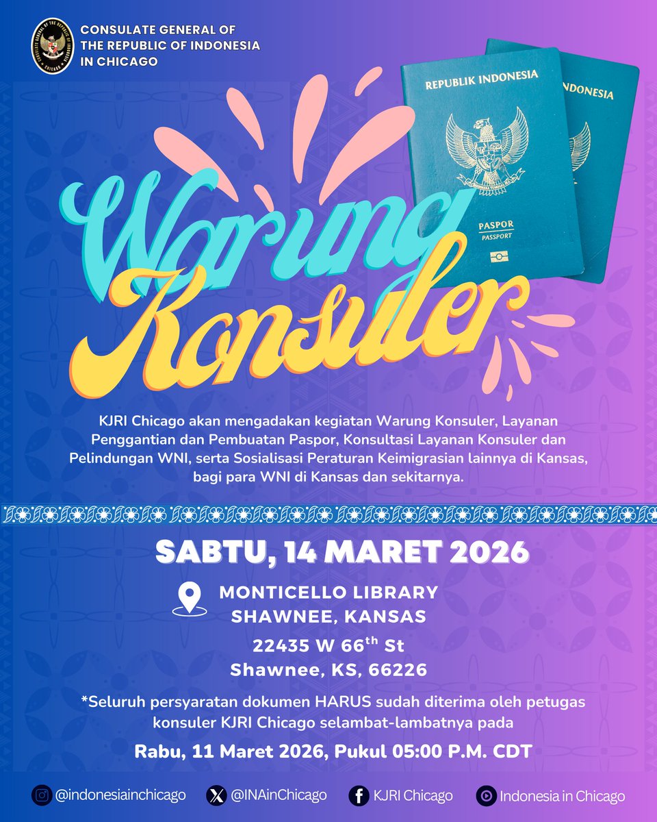 INAinChicago's tweet photo. Halo, warga Kansas dan sekitarnya! 

Kabar gembira! KJRI Chicago akan hadir kembali menyapa Anda dalam kegiatan Warung Konsuler di Shawnee, Kansas. Bagi Anda yang perlu mengurus paspor atau berkonsultasi mengenai layanan konsuler, catat informasi penting berikut ini: https://t.co/cL1AdfJVrz