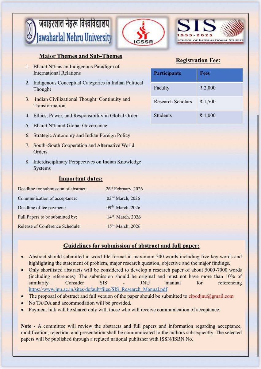 shanteshjnu's tweet photo. CIPOD Conference!

The call for papers deadline has been extended till 3rd March 2026!..
Revised dates; 

Deadline for submission of abstract: 3rd March, 2026
Communication of acceptance: 5th March, 2026

Please submit your abstract before the deadline. 

@JNU_official_50 https://t.co/AaT2EtJSp3