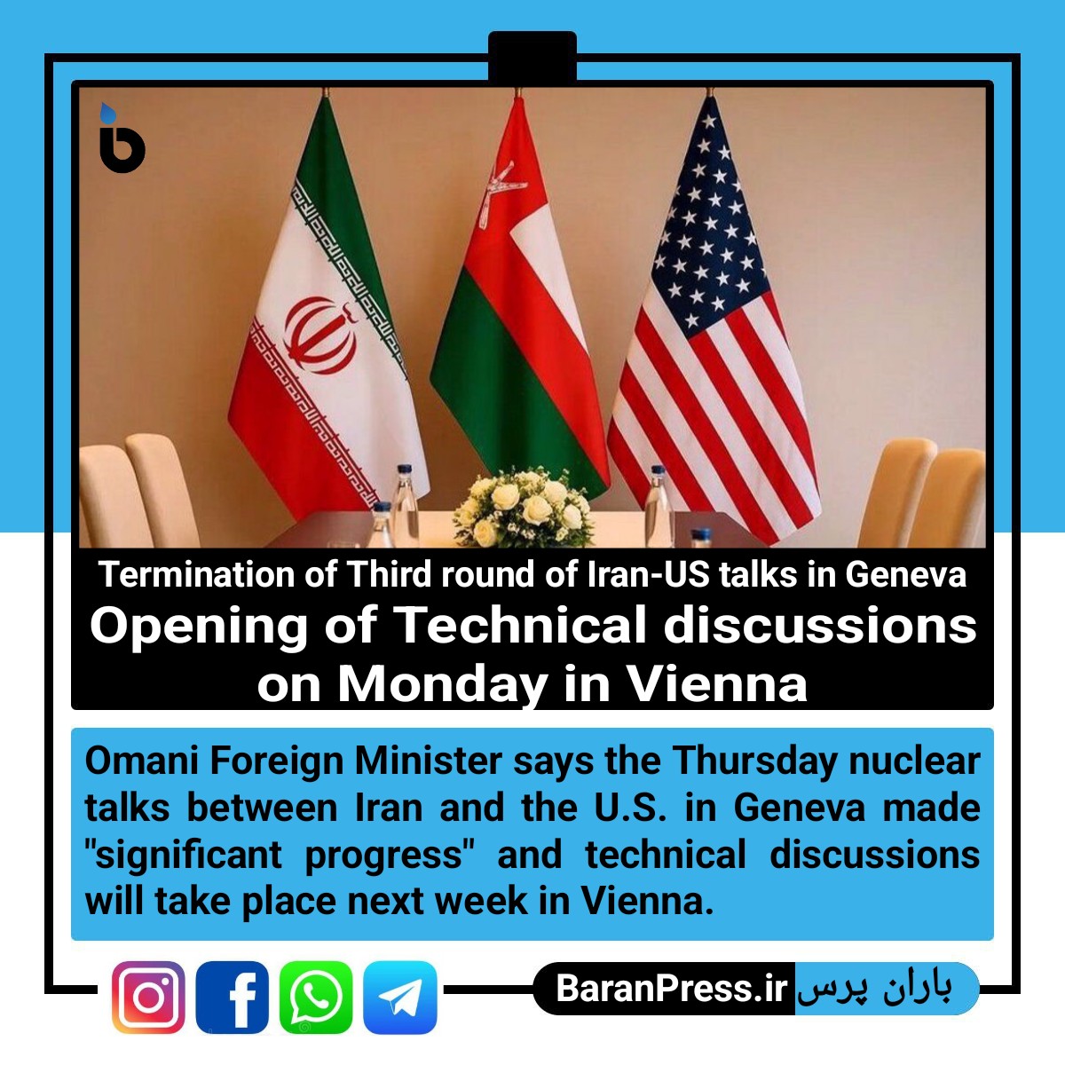 Baranpress2024's tweet photo. Termination of the Third round of Iran-US talks in Geneva 
Opening of Technical discussions on Monday in Vienna https://t.co/JHmTZ8lA9w