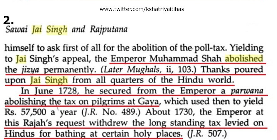 KshatriyaItihas's tweet photo. Kachhwaha Kshatriyas abolished Jizya Thrice, and the 3rd time permanently, ensuring it was never reimposed.

Jizya was one of the largest reasons of religious conversion in other countries.

They saved the lives of Guru Tegh Bahadur, Mata Sundari, and Mata Devi.

They got removed the Bathing Tax for Hindus at Gaya.

They safeguarded and rebuilt most prominent Hindu religious centres, be it Varanasi, Ayodhya, Puri, Mathura, or Somnath.

A large section of the Hindu and Sikh population owes a lot to the Kachhwahas.

If anyone does not acknowledge this, he is Ehsaan Faramosh, period.