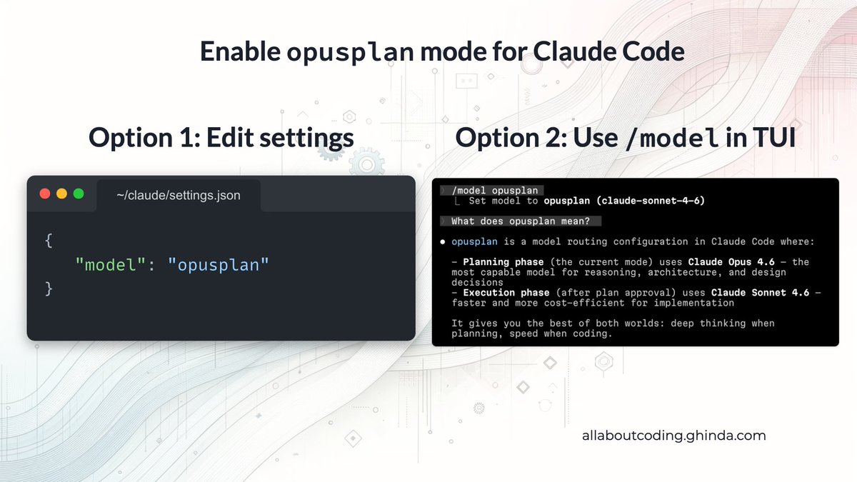 lucianghinda's tweet photo. What is opusplan mode?
Anthropic documentation says:
"Special mode that uses opus during plan mode, then switches to sonnet for execution"

Here is how to enable it:
1. Inside Claude Code session run /mode opusplan
2. In settings write: "model": "opusplan" https://t.co/Ll9tgTT6EQ