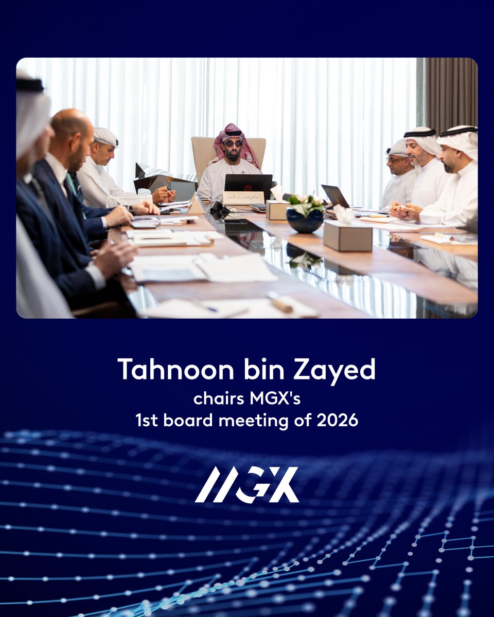 mgx_ai's tweet photo. Our Chairman, HH Sheikh Tahnoon bin Zayed Al Nahyan, chaired MGX’s first Board of Directors meeting of 2026. During the meeting, the Board approved the financial results for 2025 and reviewed updates on strategic projects and their implementation progress, in addition to assessing overall performance and growth indicators.

The Board also reviewed priorities for the next phase and expansion pathways, reflecting MGX’s vision in directing investments toward high quality opportunities that strengthen sustainable value, support continued growth, and further establish the UAE as a leading hub for investment and technology.

#MGX #AI
