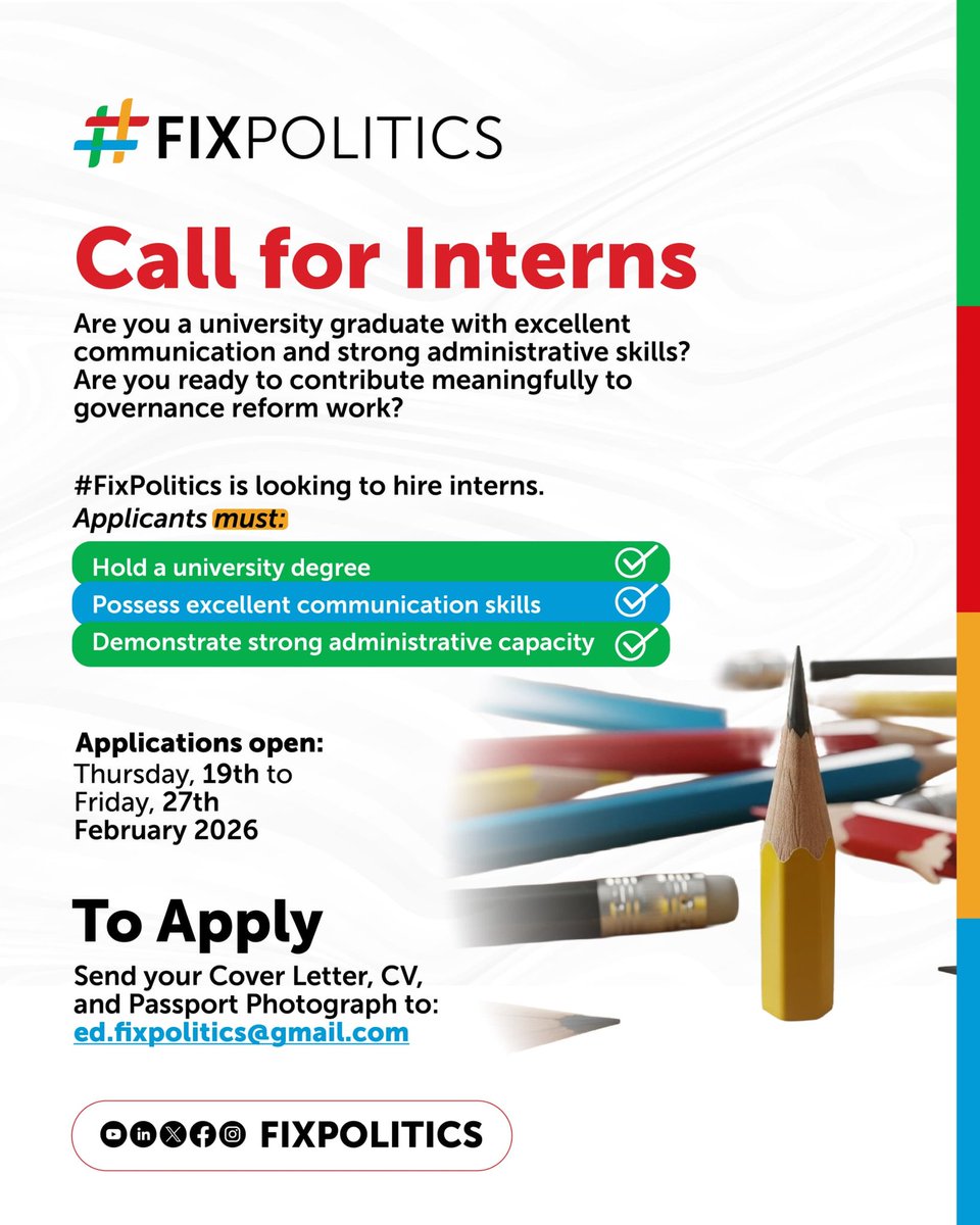 #FixPolitics is inviting applications for our Internship Programme. If you have strong communication skills, solid administrative capacity, and a passion for institutional reform, this is your opportunity to contribute meaningfully to building a better political culture in